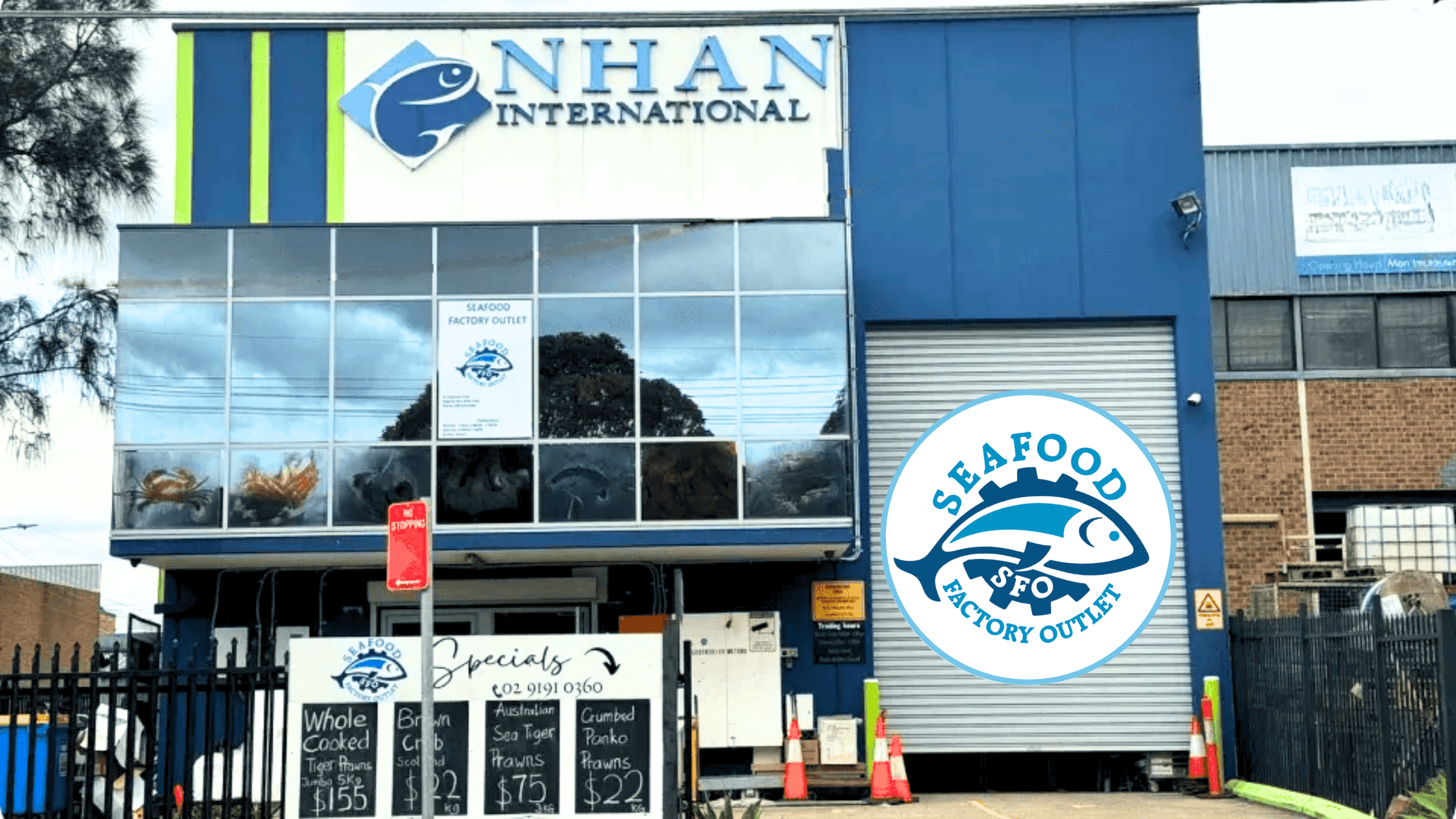 a store front with signs and a fish logo