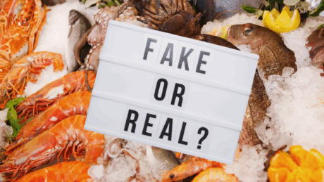 A guide to identifying fake vs real seafood, showing close-up examples of fresh, authentic seafood compared to imitation.