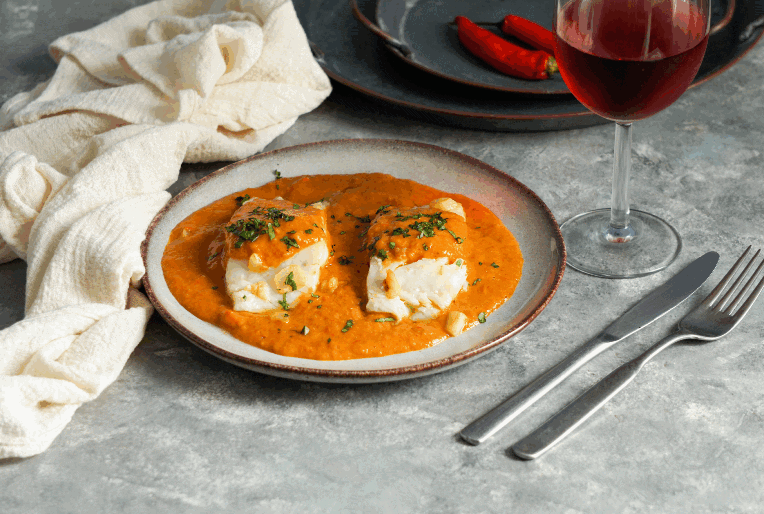 a plate of food and a glass of wine