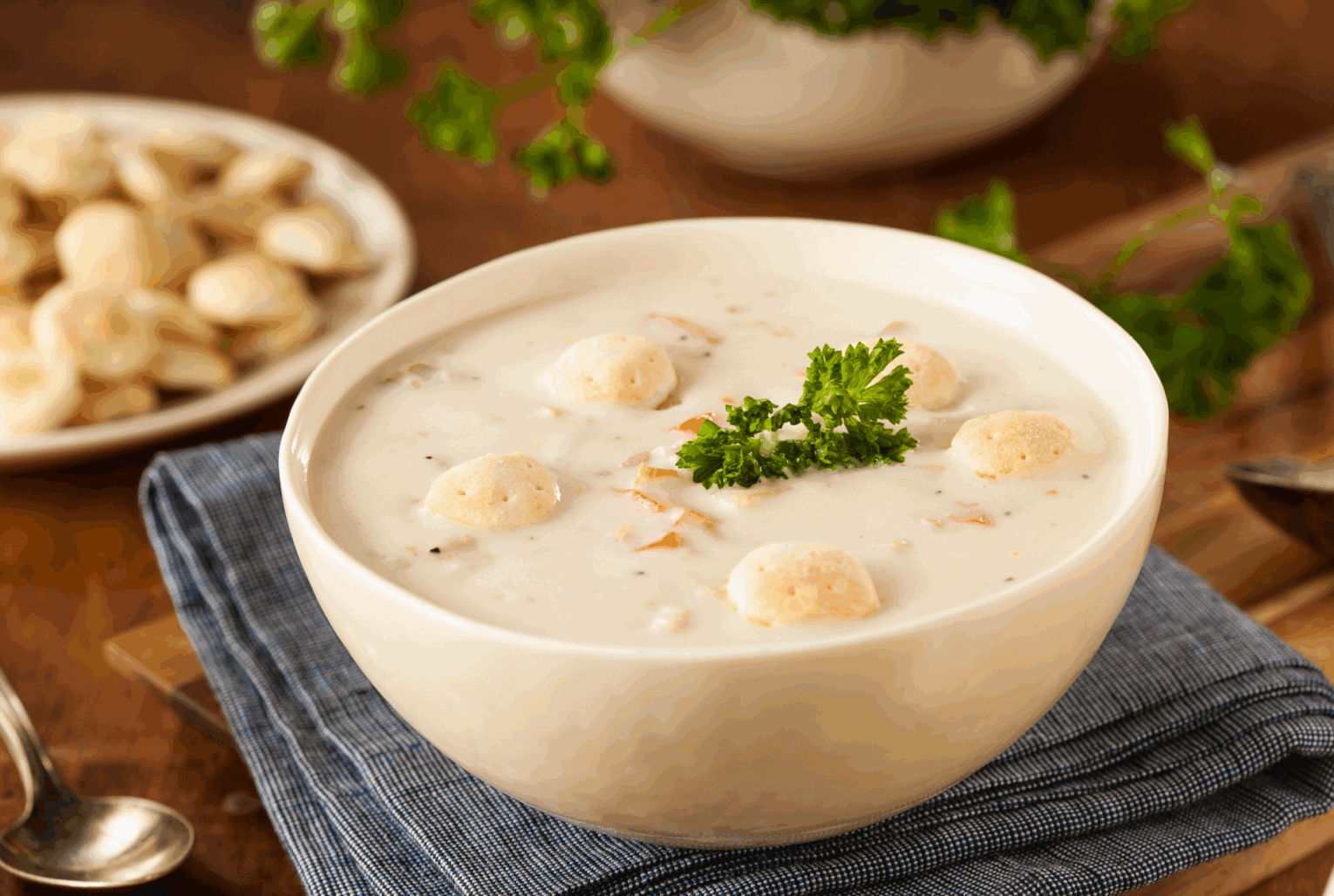 a bowl of soup with a small cracker on top