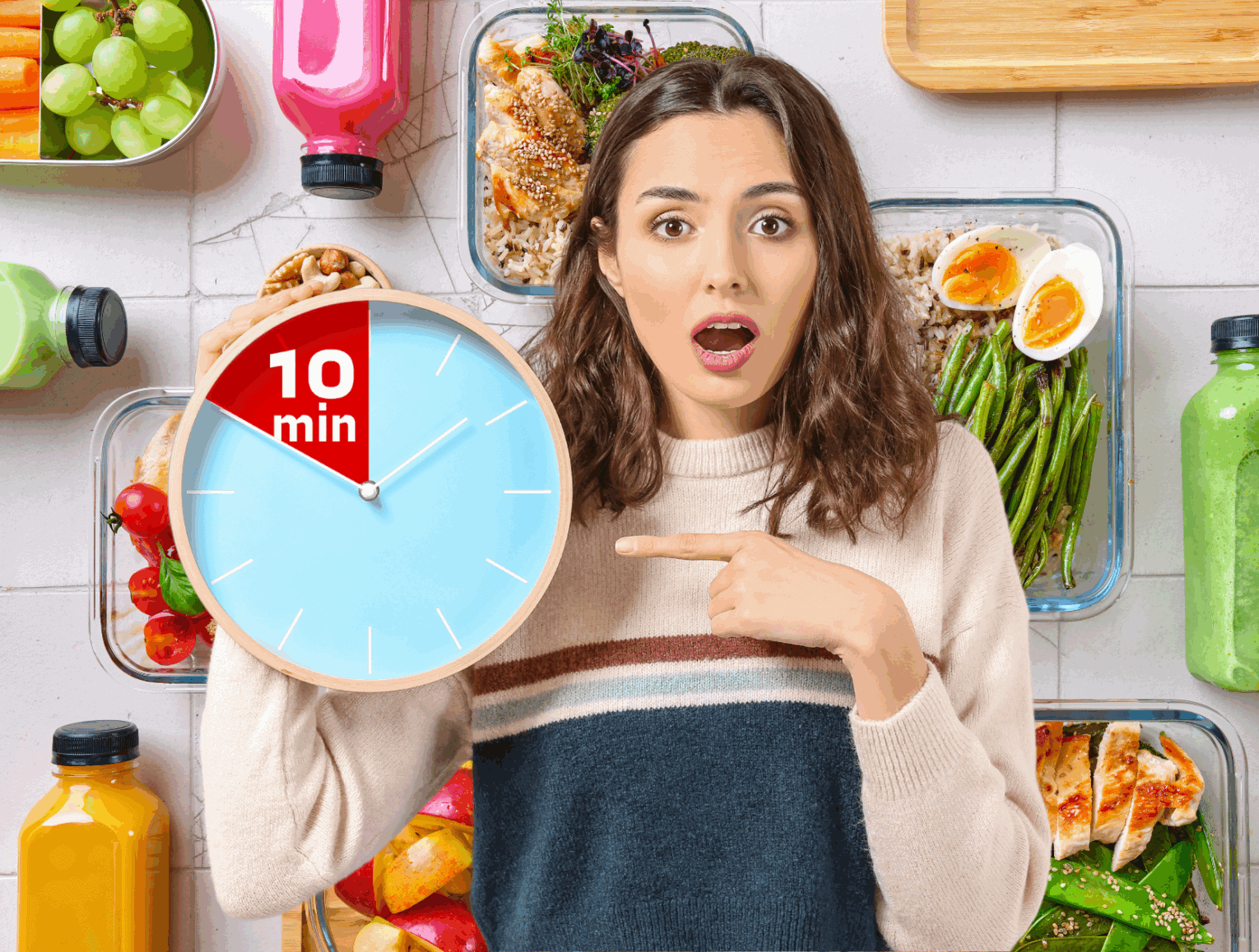 a woman pointing at a clock
