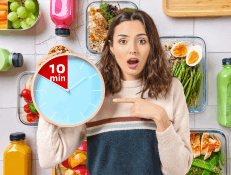 a woman pointing at a clock