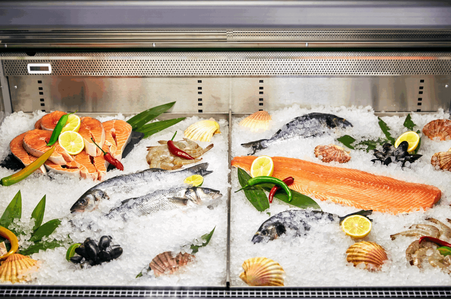 a display of fish and seafood