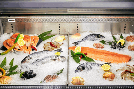 a display of fish and seafood