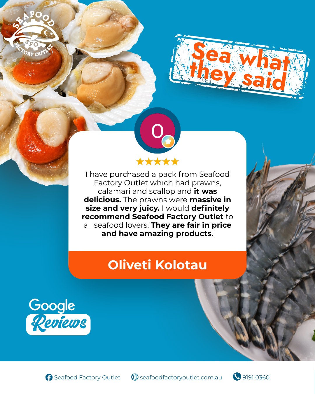 We love hearing from our happy customers! It is always a pleasure to know that our seafood is making your meals a little more delicious. Stop by our shop at 41 Clapham Rd, Regents Park, or order online for a quick pickup today! 

#SeafoodFactoryOutlet #GoogleReviews #ShopLocal #RegentsPark #FrozenSeafood