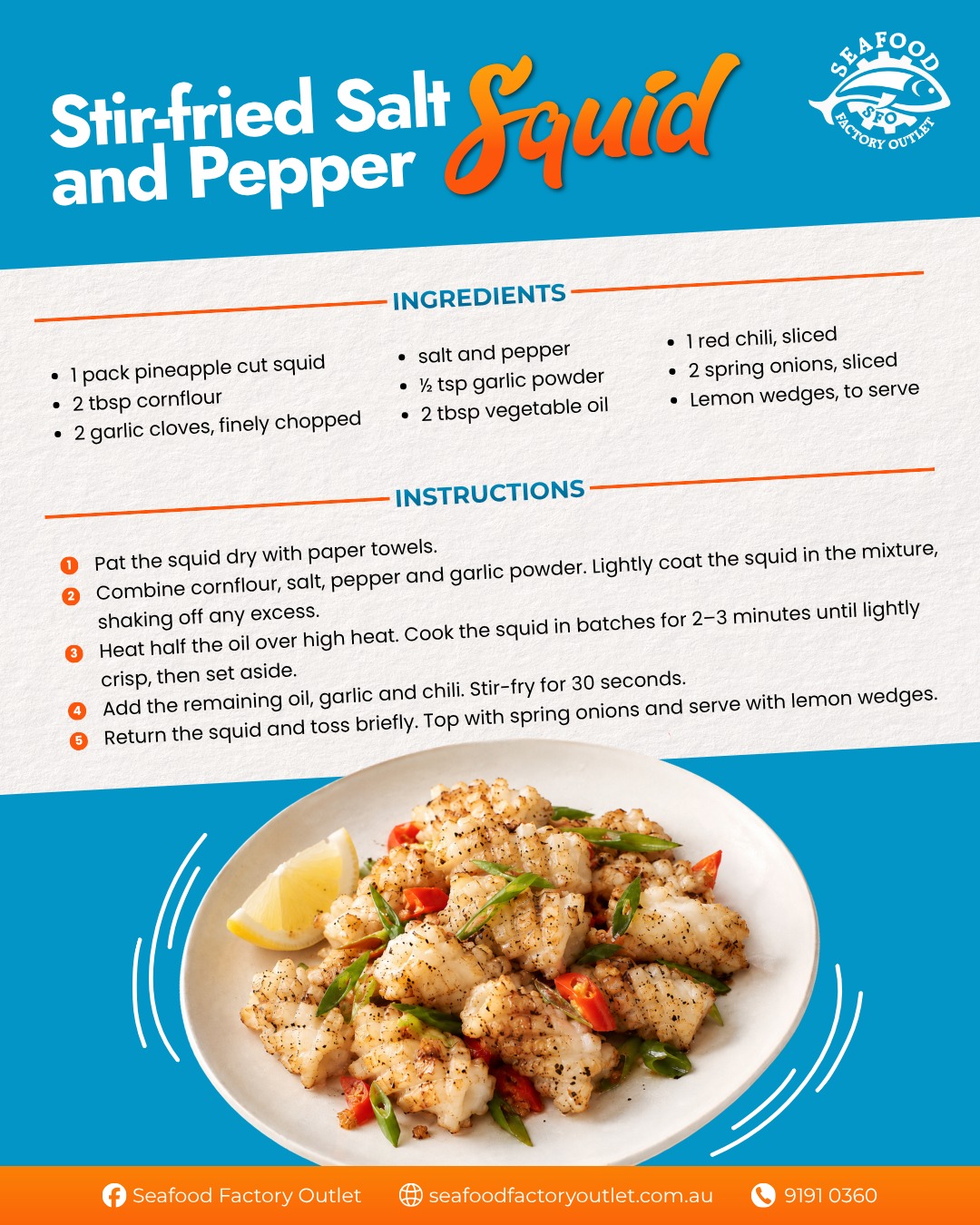 Bring restaurant-style favorites right to your family dinner table with this simple and delicious Salt and Pepper Squid recipe! Follow along with our easy guide to whip up something special tonight. Drop by our shop at 41 Clapham Rd, Regents Park, or order online for a quick pickup today!

 #SeafoodFactoryOutlet #SaltAndPepperSquid #EasyRecipes #SydneySeafood