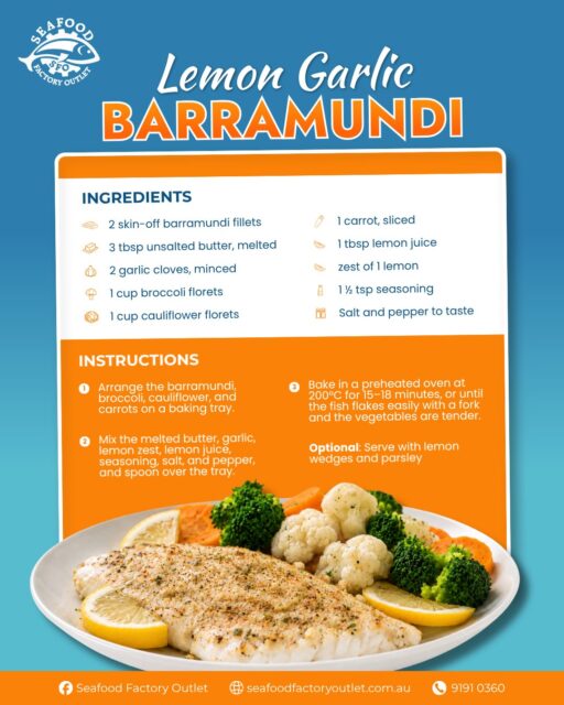 Looking for a simple and delicious dinner idea? This Lemon Garlic Barramundi is an easy meal that comes together on one tray! Grab everything you need from our shop at 41 Clapham Rd, Regents Park, or order online for a quick pickup today. 

#SeafoodFactoryOutlet #BarramundiFillet #EasyRecipe #ShopLocal #RegentsPark #FrozenSeafood