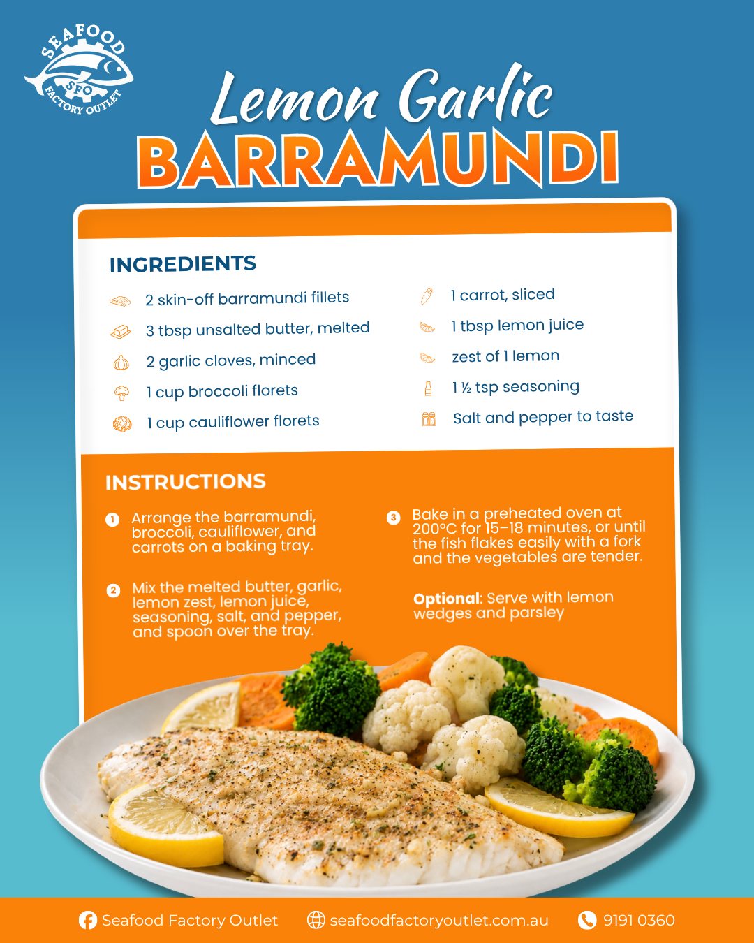 Looking for a simple and delicious dinner idea? This Lemon Garlic Barramundi is an easy meal that comes together on one tray! Grab everything you need from our shop at 41 Clapham Rd, Regents Park, or order online for a quick pickup today. 

#SeafoodFactoryOutlet #BarramundiFillet #EasyRecipe #ShopLocal #RegentsPark #FrozenSeafood