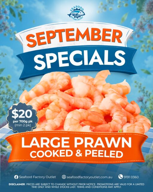 Make the most of our September specials with incredible savings across our favorite range! 

Grab our green mussels at $17 per kg, cooked and peeled large prawns for $20 per 700g pack, and delicious prawn dumplings at just $15.5 per kg. Stock up on these amazing offers today. 

Drop by our shop at 41 Clapham Rd, Regents Park, or order online for a quick pickup today!

 #SeafoodFactoryOutlet #SeptemberSpecials #SeafoodDeals #SydneySeafood