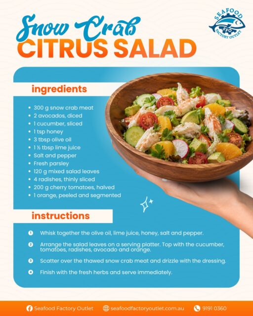 Looking for a light and refreshing meal idea for the family? Toss together this vibrant Snow Crab Citrus Salad at home with our easy recipe guide! Pick up your ingredients from our shop at 41 Clapham Rd, Regents Park, or order online for a quick pickup today!

#SeafoodFactoryOutlet #SnowCrab #EasyRecipes #SydneySeafood