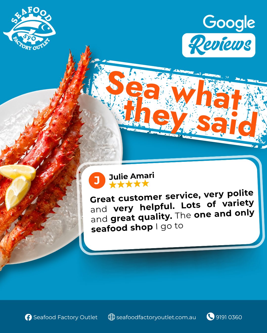 We love hearing from our wonderful community! Come experience our service and variety for yourself at our shop at 41 Clapham Rd, Regents Park, or order online for a quick pickup today!

#SeafoodFactoryOutlet #CustomerReview #SydneySeafood