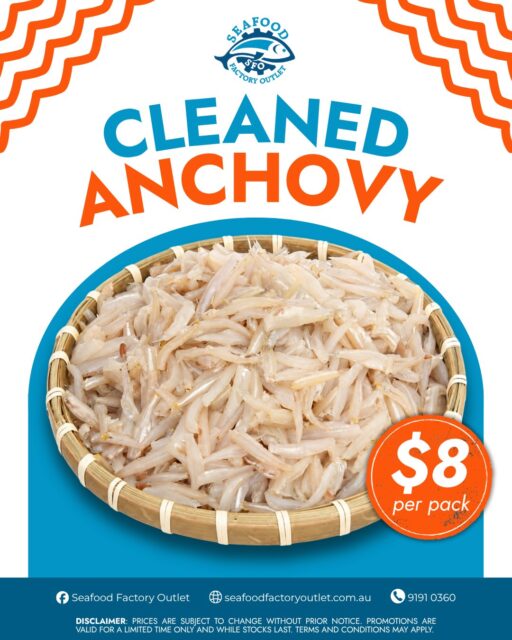 Add a wonderful touch of flavor to your favorite home-cooked meals with our ready-to-cook, cleaned anchovies, available now for an incredible value at just $8 per pack! These versatile little fish are a wonderful addition to your favorite dishes, bringing comforting flavors and wonderful texture straight to your family dinner table.

Drop by our shop at 41 Clapham Rd, Regents Park, or order online for a quick pickup today!

#SeafoodFactoryOutlet #Anchovies #HomeCooking #SydneySeafood