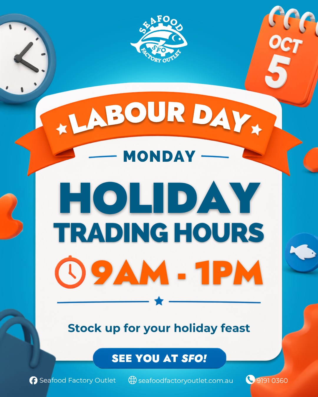 Labour Day trading hours: Monday, 9am to 1pm. Stock up for your holiday feast before the long weekend.

Click and collect in-store at 41 Clapham Rd, Regents Park, New South Wales

#SeafoodFactoryOutlet #LabourDay #TradingHours #RegentsPark #SydneySeafood #ClickAndCollect