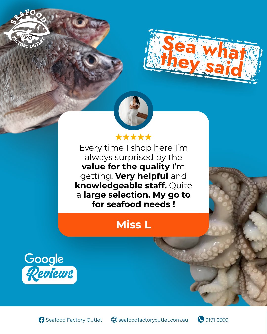 "Every time I shop here, I’m always surprised by the value for the quality I’m getting." Comments like this mean the world to our team! Whether you need advice on what to cook or are looking for a specific item, we are always here to help.

Have you visited us recently? Feel free to leave us a review here on Facebook or Google to let us know how we did! Stop by and see us in 41 Clapham Rd Regents Park, or order online for a quick pickup today!

#SeafoodFactoryOutlet #GoogleReviews #CustomerLove #RegentsPark #SydneySeafood